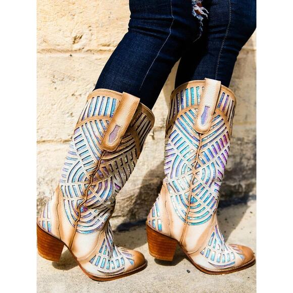 Razzle Metallic Pink Fuchsia Country Western Cowgirl Knee  NEW Southern Fried Chics Retro Cowgirl Boots Sequin Pink Iridescent Wide Calf 9